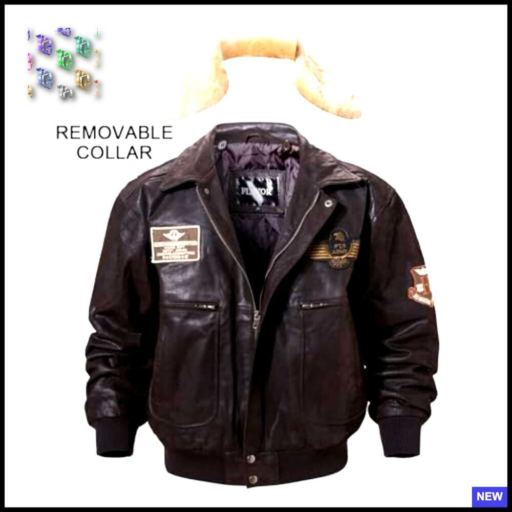 Men's Genuine Leather Bomber Jacket with Removable Fur Collar Aviator Style - Picture 3 of 6